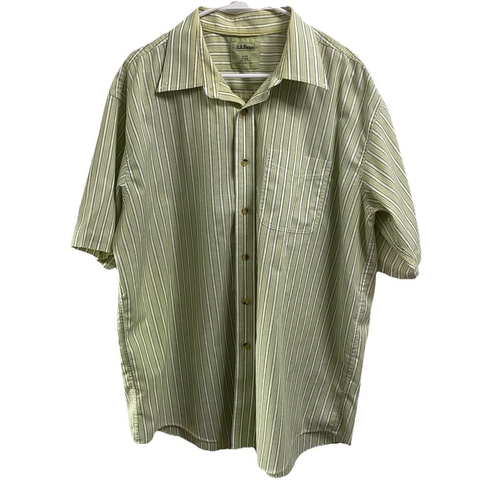L.L. Bean Men's Striped Button Down Dress Shirt Green&White Short Slve XL Reg.